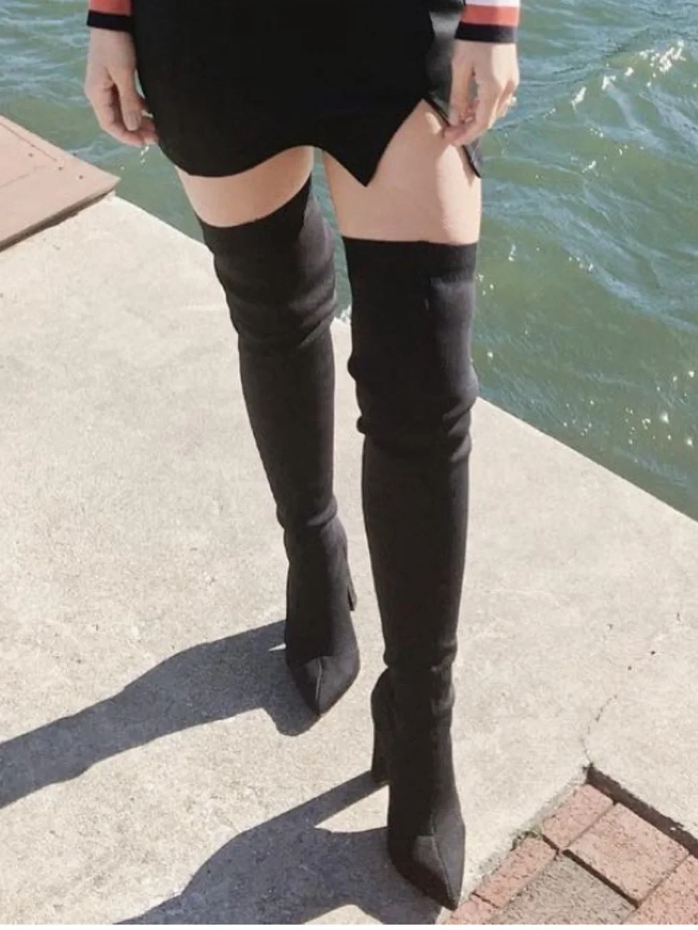 Thigh high stretchy Black boots block heel